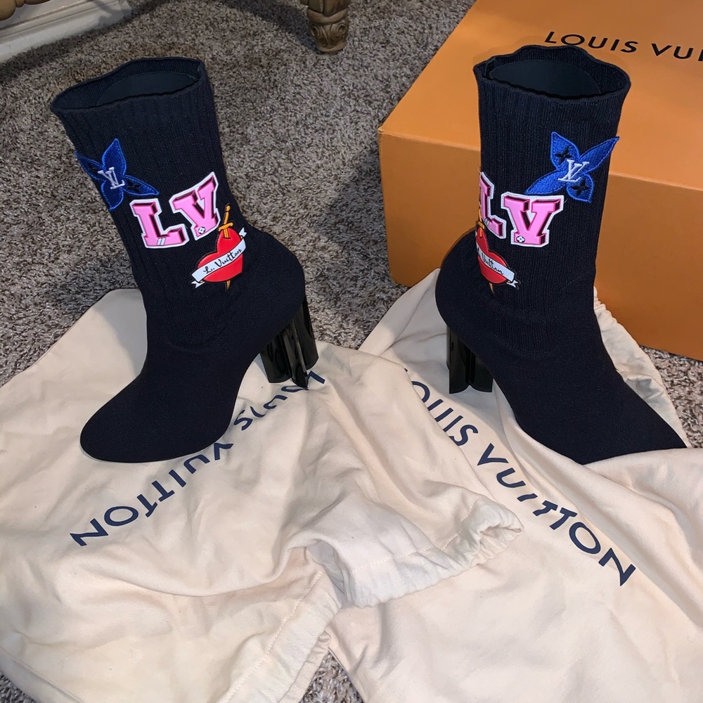 Louis Vuitton Black Sock Ankle Booties with Colorful LV Patch - Picture 2 of 11